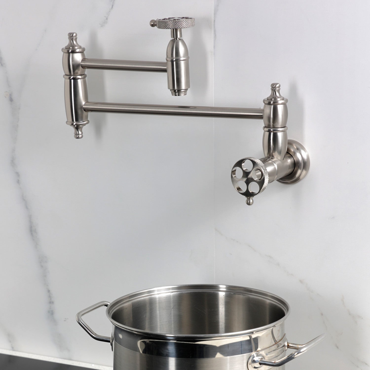 Kingston Tulare KS3108RKX - Webb Two-Handle 1-Hole Wall Mount Pot Filler Faucet with Knurled Handle, Brushed Nickel — thumbnail 2